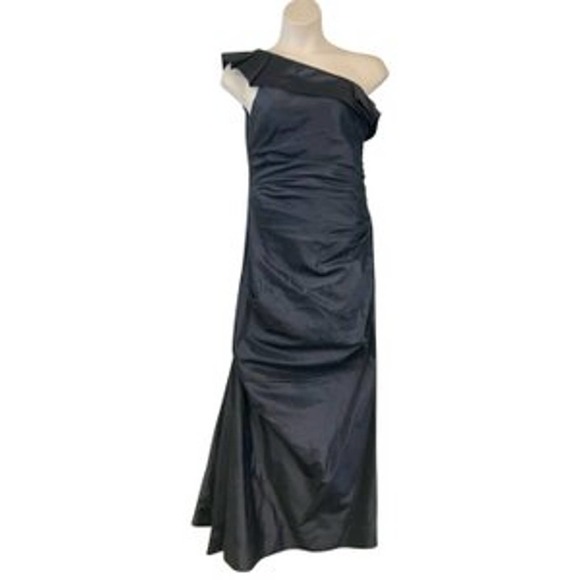 Rickie Freeman for Teri Jon One Shoulder Navy Evening Cocktail Gown 14 - Picture 1 of 8